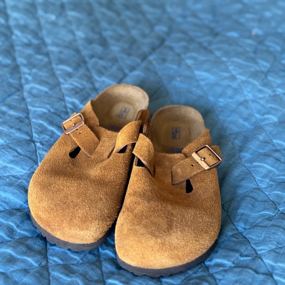 Birkenstock Boston Tan Suede Mules with Buckle Strap